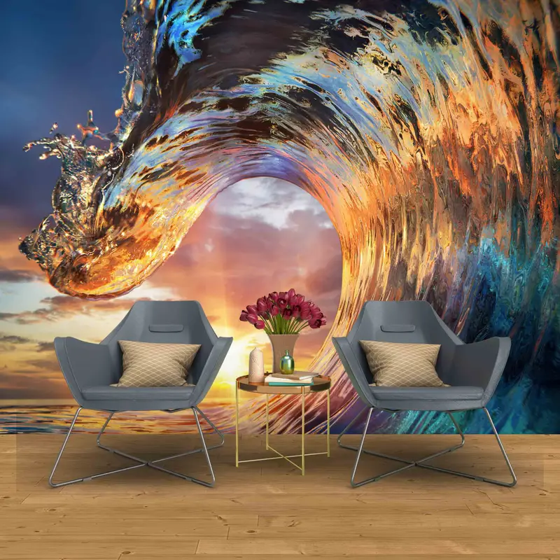 View Wall Decor, Crest Wall Decals, Sea Landscape Mural, Sunset Light in Wave Art Crest Shape Wall Print, Custom Wall Paper, - 4