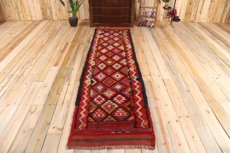 2.5x9.6 ft Rug, Vintage Turkish Rug, Red Black Moroccan Wool Rug - 1