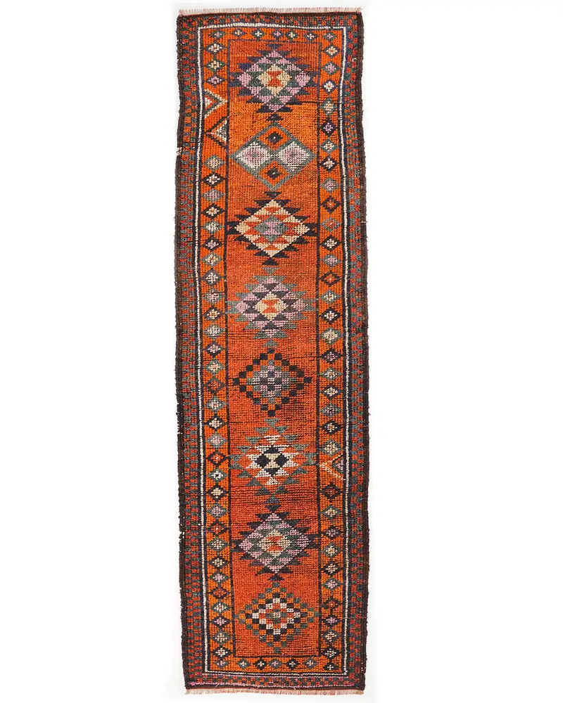 Canlı Turuncu ve Mavi Halı, 2,9x10,6 ft Bitki ve Ağaç Desenli