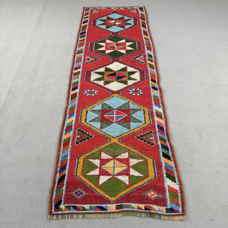 Türkischer Vintage Teppich, 3,4x10,1 ft Herki Teppich, rot gestreifter Wollteppich - 1