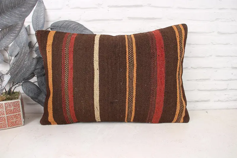 Throw Kilim Pillow, Ethnic Cushion Case, Toss Cushion Case, Pillow Case, Turkish Kilim Pillow, 16x24 Brown Pillow, Kilim Pillow - 1