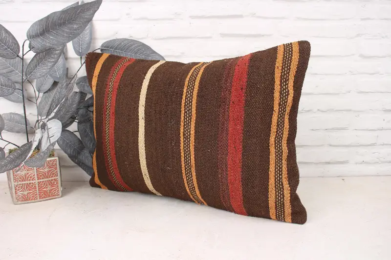 Throw Kilim Pillow, Ethnic Cushion Case, Toss Cushion Case, Pillow Case, Turkish Kilim Pillow, 16x24 Brown Pillow, Kilim Pillow - 4