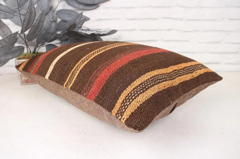 Throw Kilim Pillow, Ethnic Cushion Case, Toss Cushion Case, Pillow Case, Turkish Kilim Pillow, 16x24 Brown Pillow, Kilim Pillow - 6