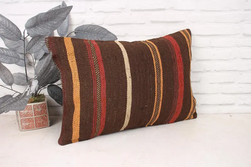 Throw Kilim Pillow, Ethnic Cushion Case, Toss Cushion Case, Pillow Case, Turkish Kilim Pillow, 16x24 Brown Pillow, Kilim Pillow - 3