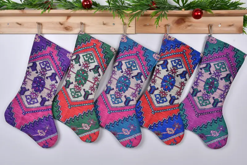 Festive Green & Pink Stocking, Christmas Ornaments Patterned Stocking