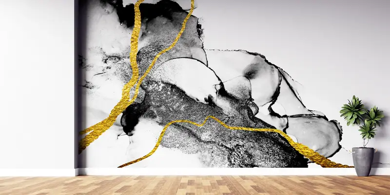 Zarif Baskılı Duvar Kağıdı: Siyah Mermer, Altın Mermer, Siyah Beyaz