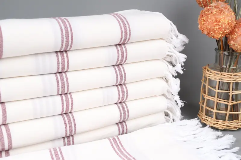 Personalized Turkish Beach Towel, Burgundy Stripes, Beige, Organic Cotton, 40x71 Inches