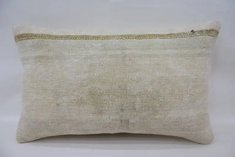 Vintage Fas Bej Yastık Kılıfı, İç Mekan Çizgili 12x20 inç Yastık - 1