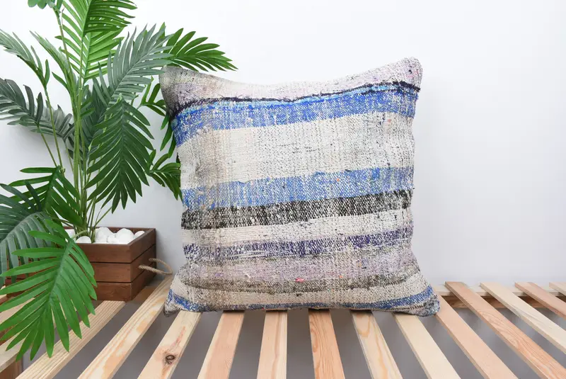 Cushion Case, Vintage Kilim Throw Pillow, Bed Pillow Sham, Turkish Pillow, Vintage Pillow, Neutral Cushion, 24x24 Blue Pillow - 1