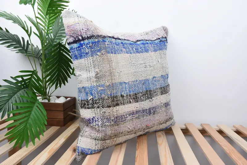 Cushion Case, Vintage Kilim Throw Pillow, Bed Pillow Sham, Turkish Pillow, Vintage Pillow, Neutral Cushion, 24x24 Blue Pillow - 4