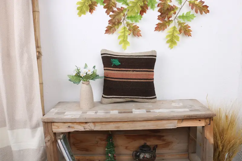12x12 Brown Pillow Case, Cushion Cover, Bed Cushion Case, Vintage Pillow, Turkish Bench Pillow Cover, Pillow for Couch, Kilim Pillow - 1