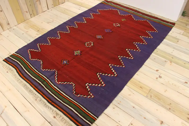 Türk Vintage Halı 5.2x8.1 ft (158x247 cm), Oushak Kırmızı Mavi İkat Halı - 1