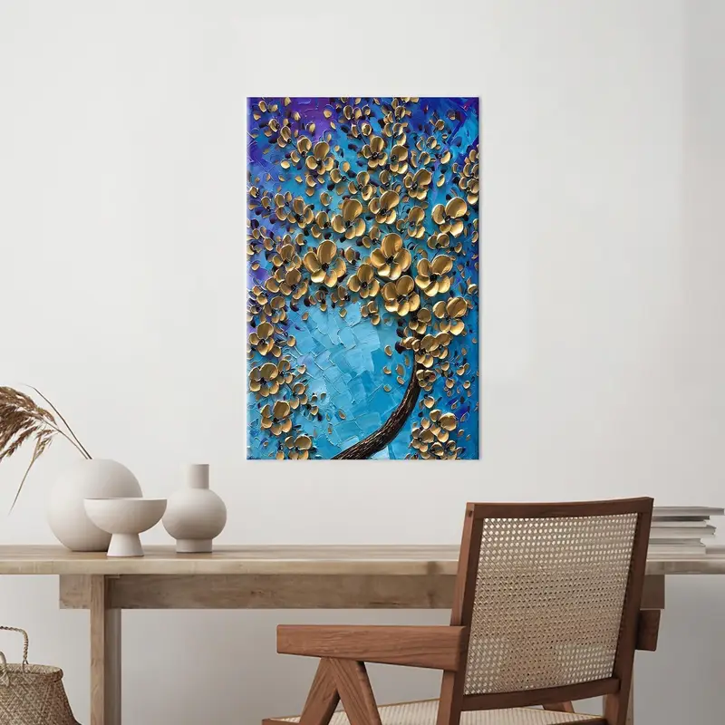 モダンキャンバスアート、ゴールデンフラワーアート、抽象的なアートの装飾、トレンディな壁アート、ブルーキャンバスの装飾、壁掛けアート、ブルーとゴールドアート、 - 1