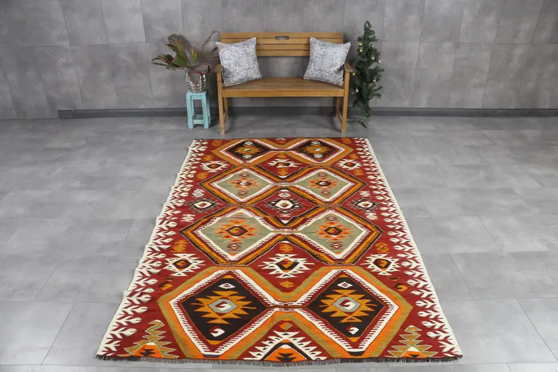Alfombra turca grande de 5,7x8,4 pies, alfombra vintage, alfombra de lana patchwork naranja roja - 1