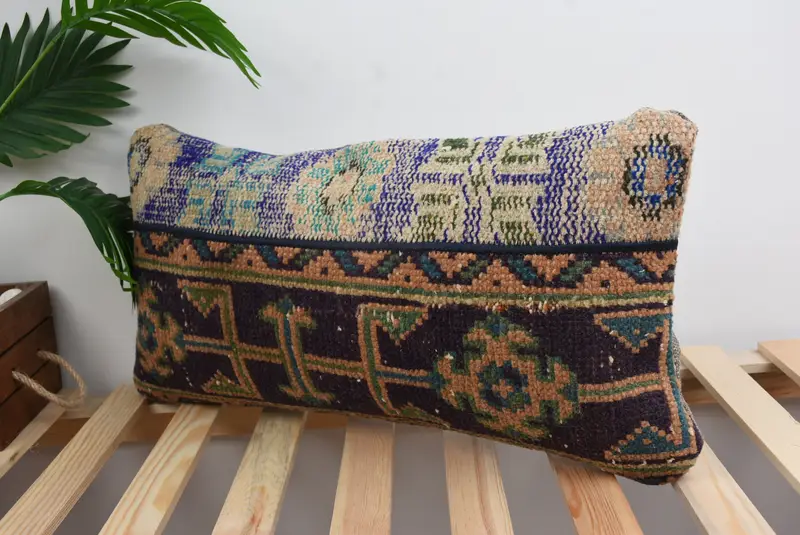 Pillow Cover, One Of A Kind Pillow Case, Natural Pillow, Throw Kilim Pillow, Home Decor Pillow, 12x24 Blue Cushion, Handmade Kilim Cushion - 5