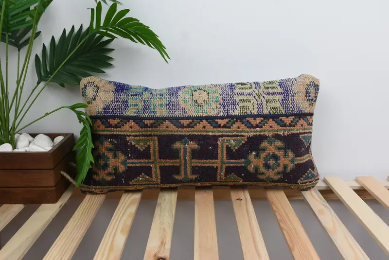 Pillow Cover, One Of A Kind Pillow Case, Natural Pillow, Throw Kilim Pillow, Home Decor Pillow, 12x24 Blue Cushion, Handmade Kilim Cushion - 1