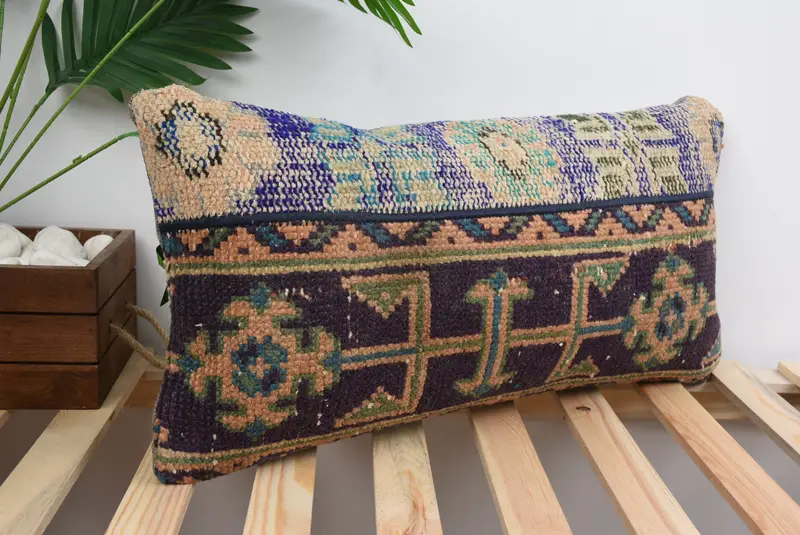 Pillow Cover, One Of A Kind Pillow Case, Natural Pillow, Throw Kilim Pillow, Home Decor Pillow, 12x24 Blue Cushion, Handmade Kilim Cushion - 4