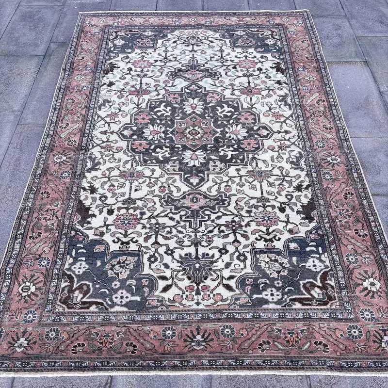 Bej ve Turuncu Patchwork Halı, 4,7x7,1 ft Zarif Dekor