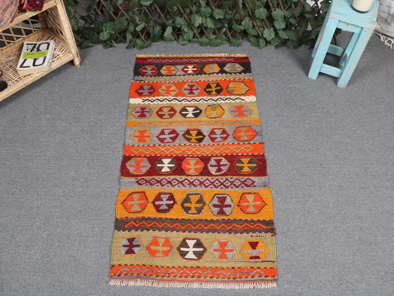 Vibrant Orange & Green Rug, 1,9x3,5 ft Striped Geometric