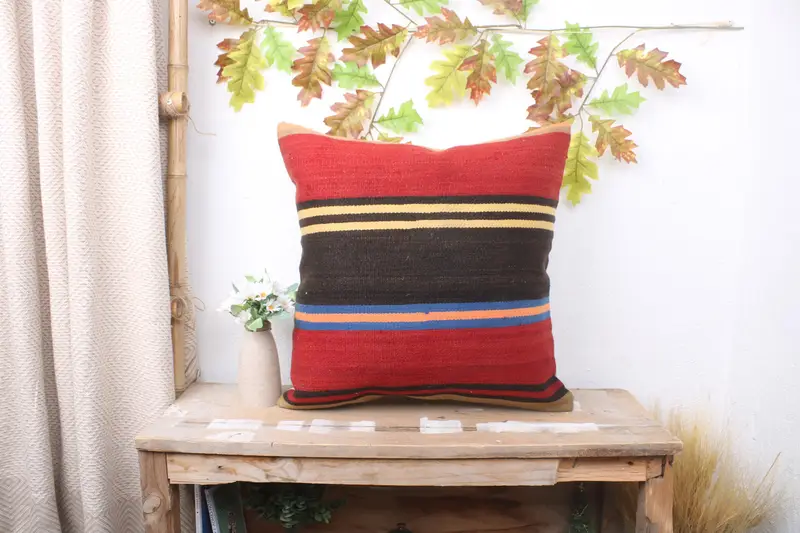 Farmhouse Cushion Case, Home Decor Pillow, Ethnical Kilim Rug Pillow, Pillow, Boho Pillow Sham Cover, 20x20 Red Pillow Case - 1