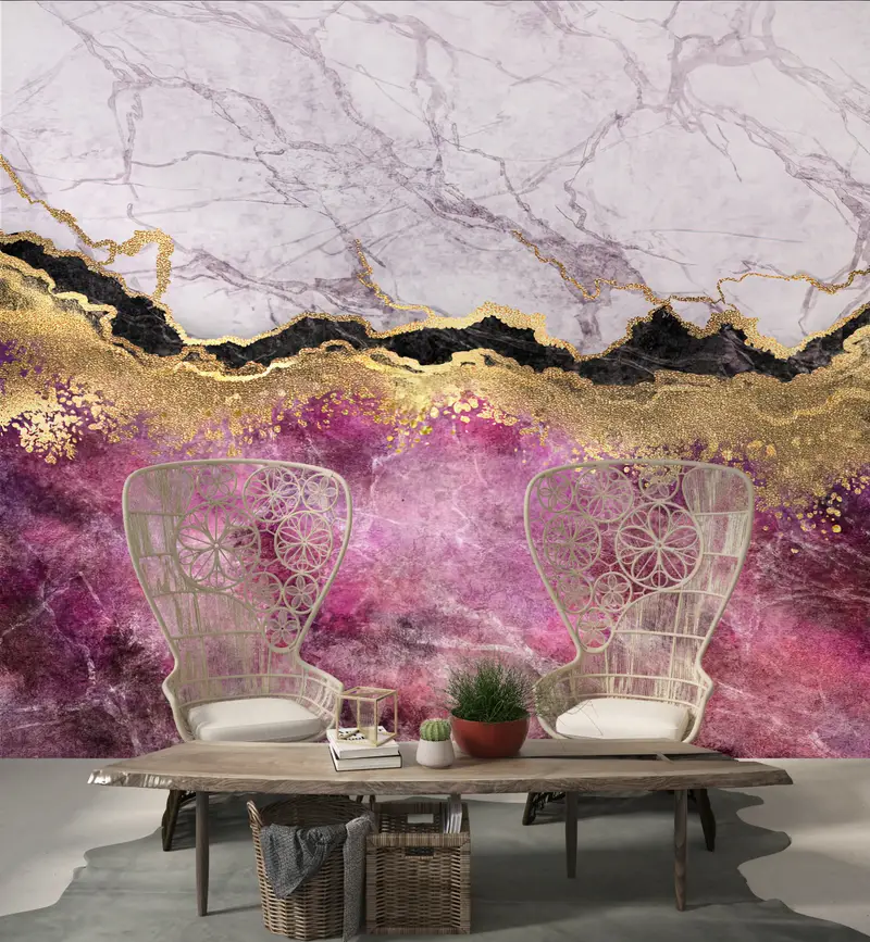 Zarif Baskılı Duvar Kağıdı: Pembe Mermer, Altın Pırıltılı Lüks