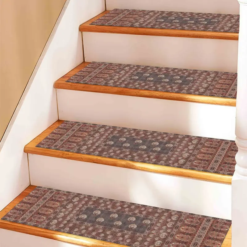 Brown Ethnic Kilim Stair Rug, Beige Boho Design Printed Rug