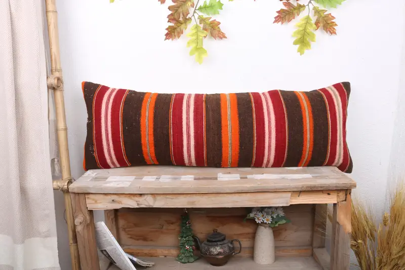 Red & Orange Striped Throw Pillow, Handmade Boho Cushion