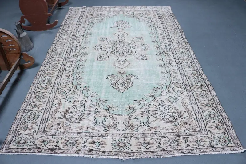 Türk Halısı, 5.9x9.4 ft Büyük Halı, Mavi Beyaz Oushak Yün Halı - 1