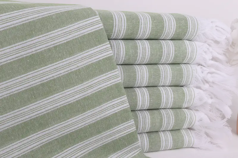 Monogramlı Plaj Havlusu Türk Pamuk Haki Yeşil Çizgili, 40x71 İnç