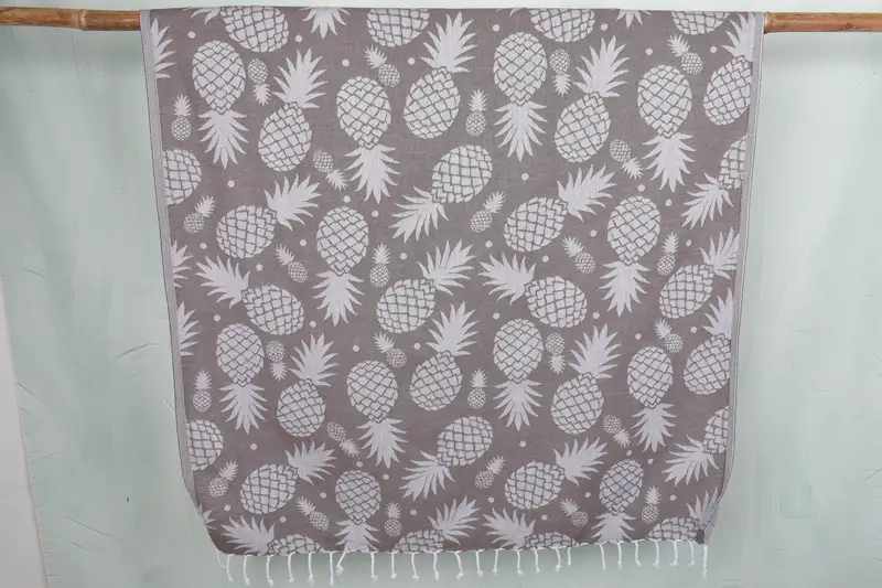 Beach Towel Monogram Brown Pineapple Pattern Organic Cotton/Linen, 36x71 Inches