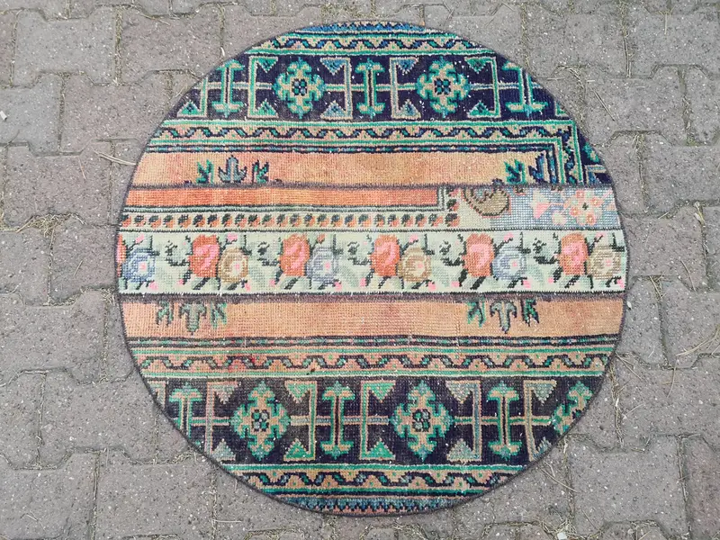 Patchwork-Teppich in Grün und Orange, 90 x 90 cm