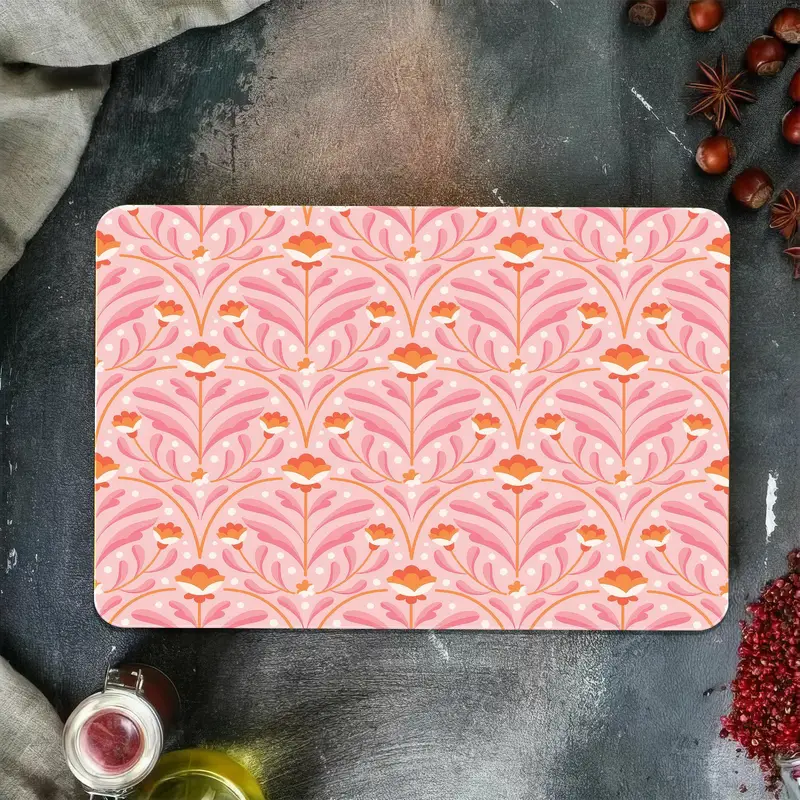 Lüks Turuncu Desenli Boho Pembe Cam Kesme Tahtası