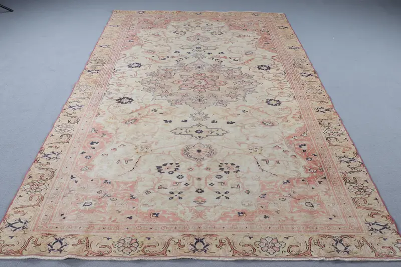 Elegant Beige Moroccan Rug, 6x9 ft with Orange Accents