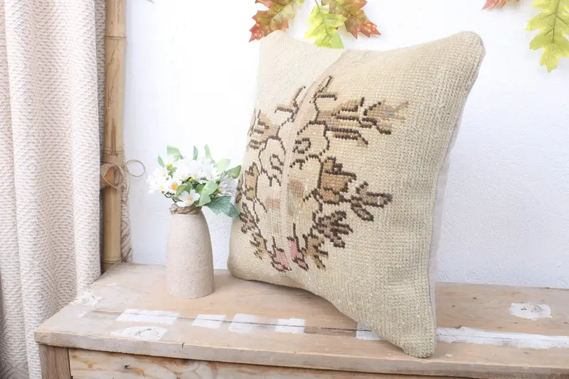 Pillow, Pillow for Sofa, Vintage Kilim Pillow, Ikat Pillow Case, 16x16 Beige Cushion Case, Pastel Pillow, Pillow for Couch - 4