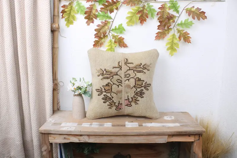 Pillow, Pillow for Sofa, Vintage Kilim Pillow, Ikat Pillow Case, 16x16 Beige Cushion Case, Pastel Pillow, Pillow for Couch - 1