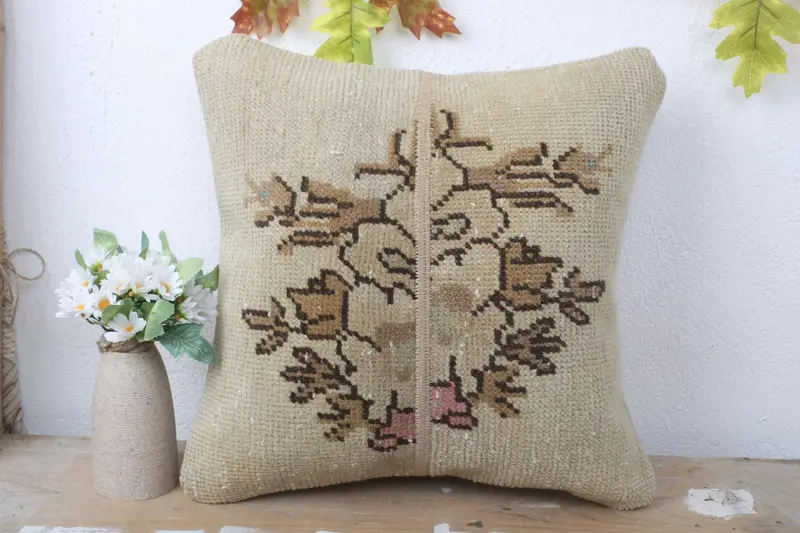 Pillow, Pillow for Sofa, Vintage Kilim Pillow, Ikat Pillow Case, 16x16 Beige Cushion Case, Pastel Pillow, Pillow for Couch - 2