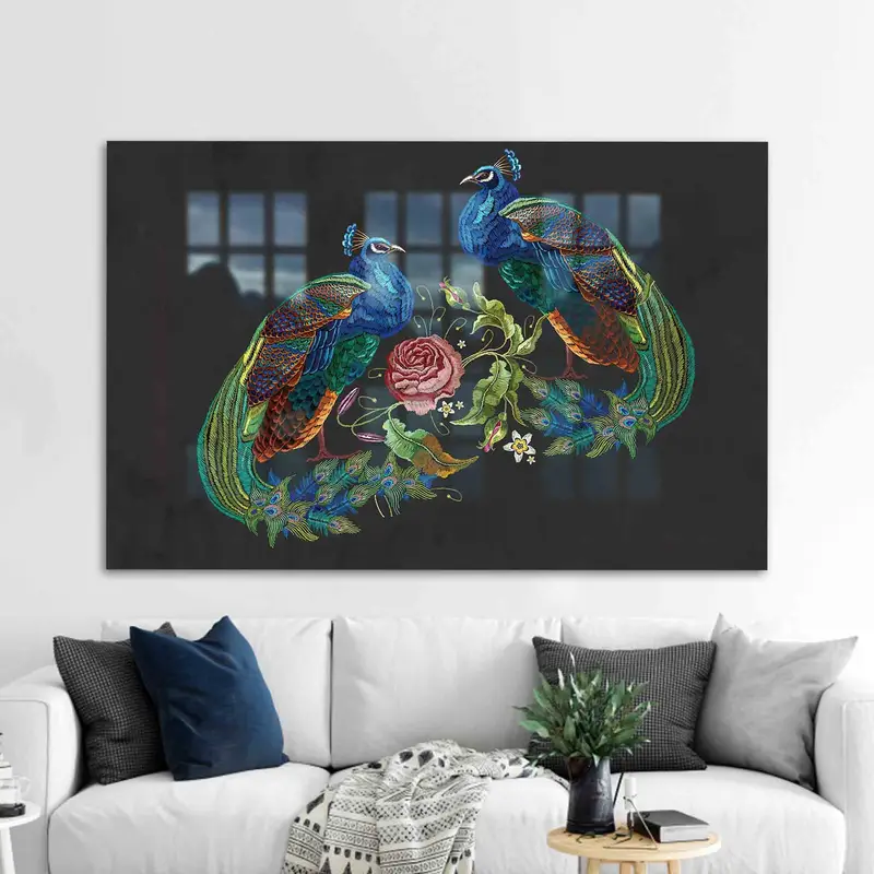 Vidrio impreso con bordado de pavo real vintage, diseño moderno y elegante