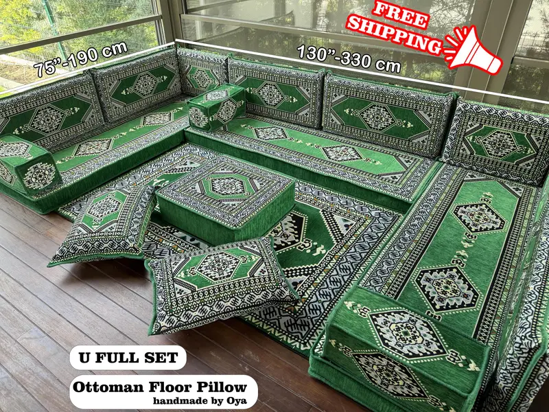 Green Bohemian Ottoman, Wool Blend Sectional with Kilim Pattern