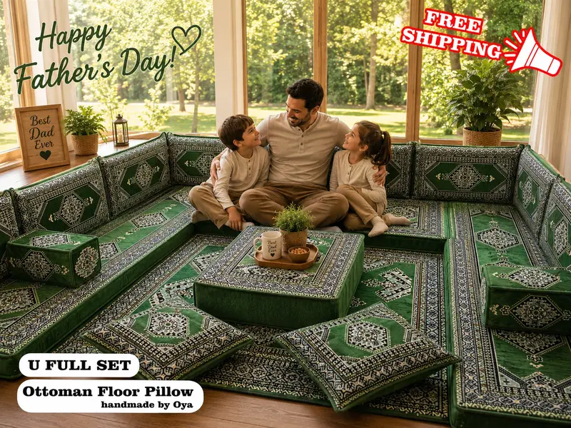 Green Bohemian Ottoman, Wool Blend Sectional with Kilim Pattern - 1