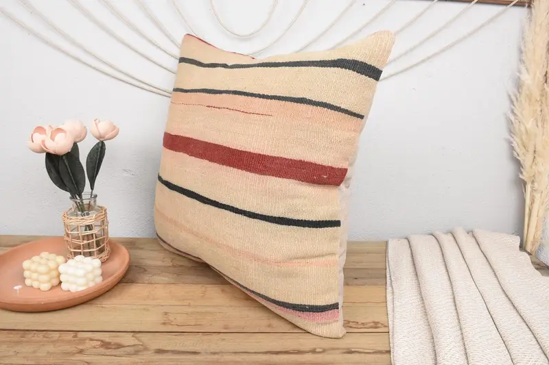 Boho Pillow Sham Cover, 24x24 Beige Pillow Case, Pillow Sham, Living Room Throw Pillow Cover, Kilim Pillow, Interior Designer Pillow - 4