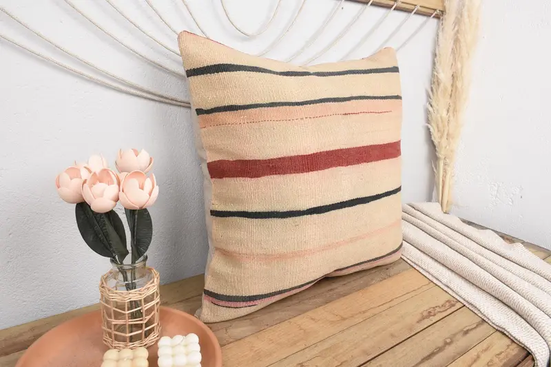 Boho Pillow Sham Cover, 24x24 Beige Pillow Case, Pillow Sham, Living Room Throw Pillow Cover, Kilim Pillow, Interior Designer Pillow - 1