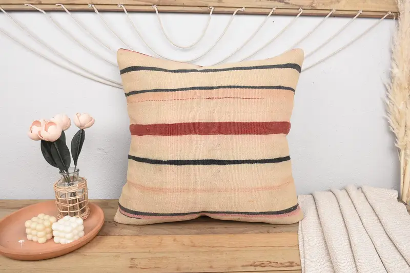 Boho Pillow Sham Cover, 24x24 Beige Pillow Case, Pillow Sham, Living Room Throw Pillow Cover, Kilim Pillow, Interior Designer Pillow - 2