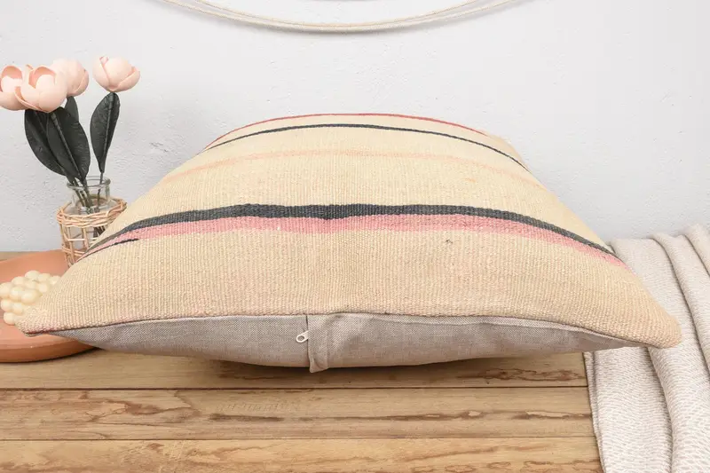 Boho Pillow Sham Cover, 24x24 Beige Pillow Case, Pillow Sham, Living Room Throw Pillow Cover, Kilim Pillow, Interior Designer Pillow - 5
