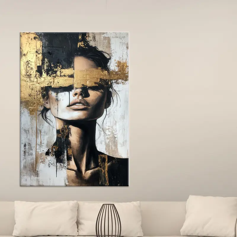 Trendiger Leinwanddruck mit Frauenporträt in Gold und Schwarz für Mädchen