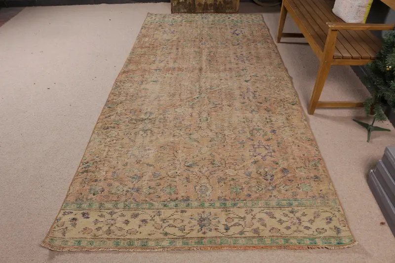 Türk Büyük Halı 4.7x9.9 ft, Vintage Oushak Kahverengi Güneybatı Yün Halı - 1