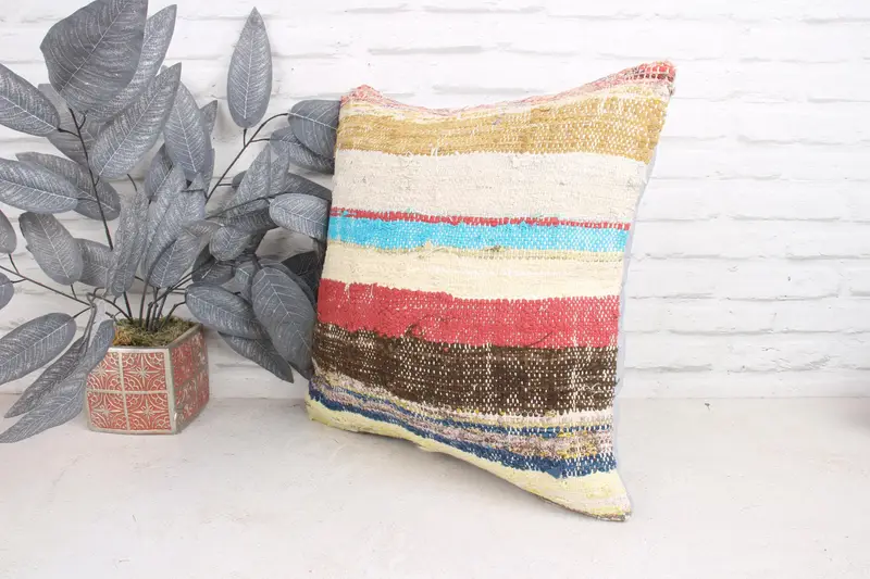 Retro Pillow Case, Cushion Case, 18x18 Beige Cushion Cover, Turkish Kilim Pillow, Outdoor Bolster Pillow, Gift Pillow, Ethnical Kilim Rug Pillow - 4
