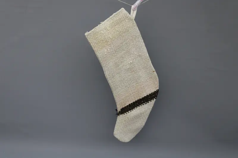 Beige Christmas Stocking with White Ornaments, 9-Inch Festive Stocking