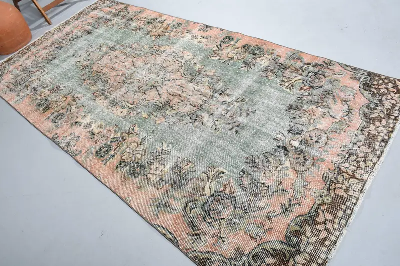 Türkischer Vintage-Teppich, 4,6 x 9,4 Fuß großer Teppich, grüner Oushak-Teppich - 1
