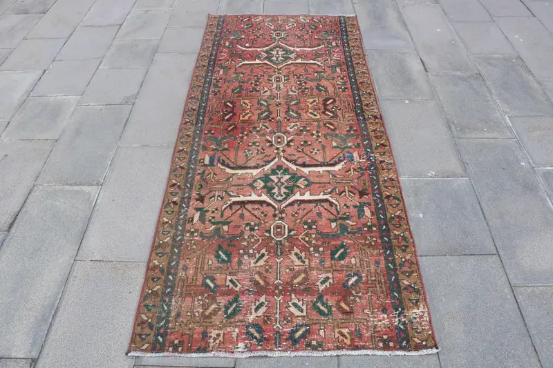 3.1x7.3 ft Oushak Rug, Vintage Turkish Rug, Red Green Floral Rug - 1