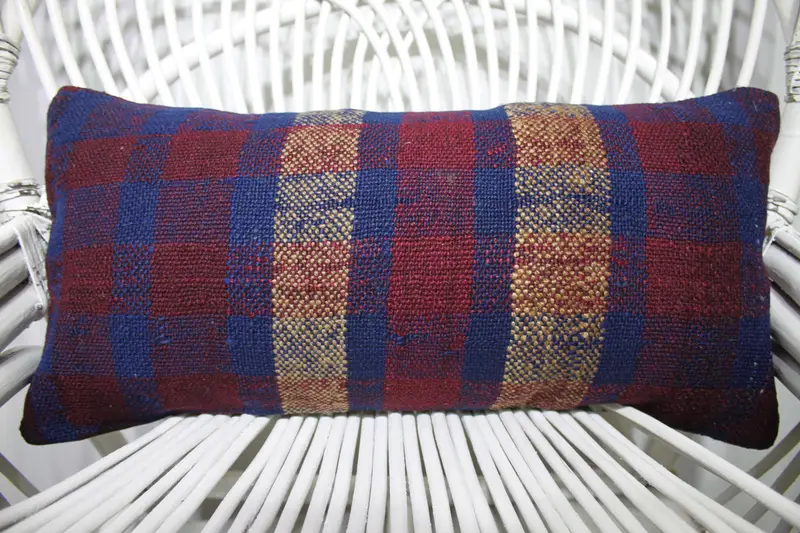 Handcrafted Blue Throw Pillow, 12x20 Embroidered Cushion